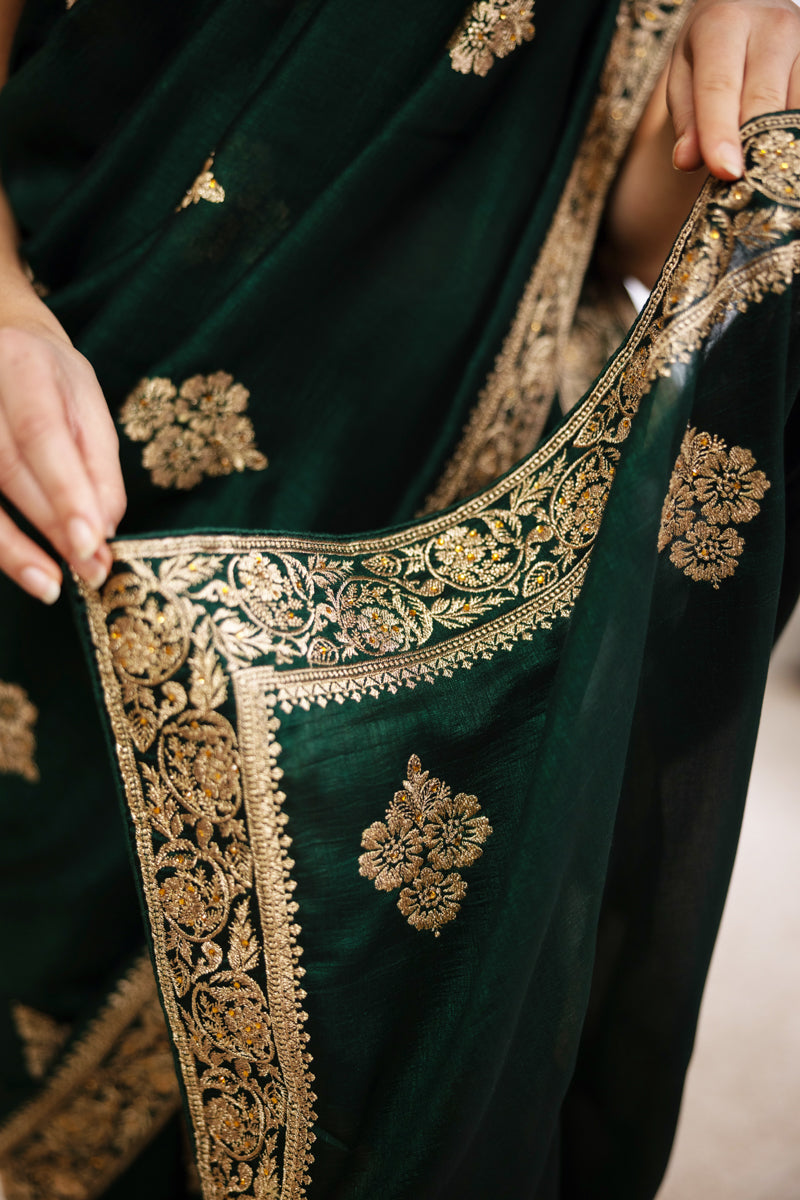 Dark Emerald Green Chinon Silk Saree