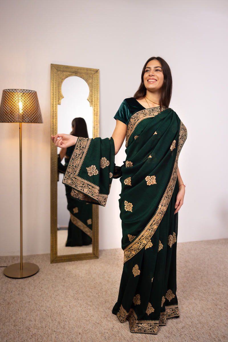 Dark Emerald Green Chinon Silk Saree