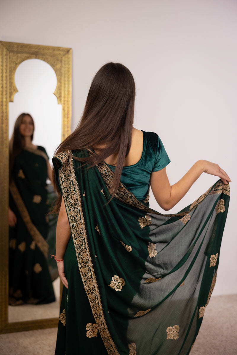 Dark Emerald Green Chinon Silk Saree