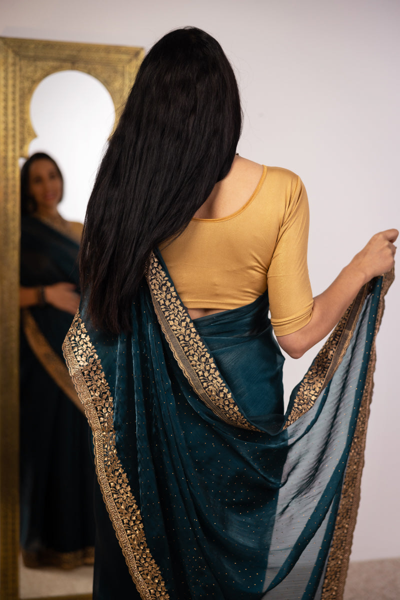 Saree in georgette ricamato verde blu scuro