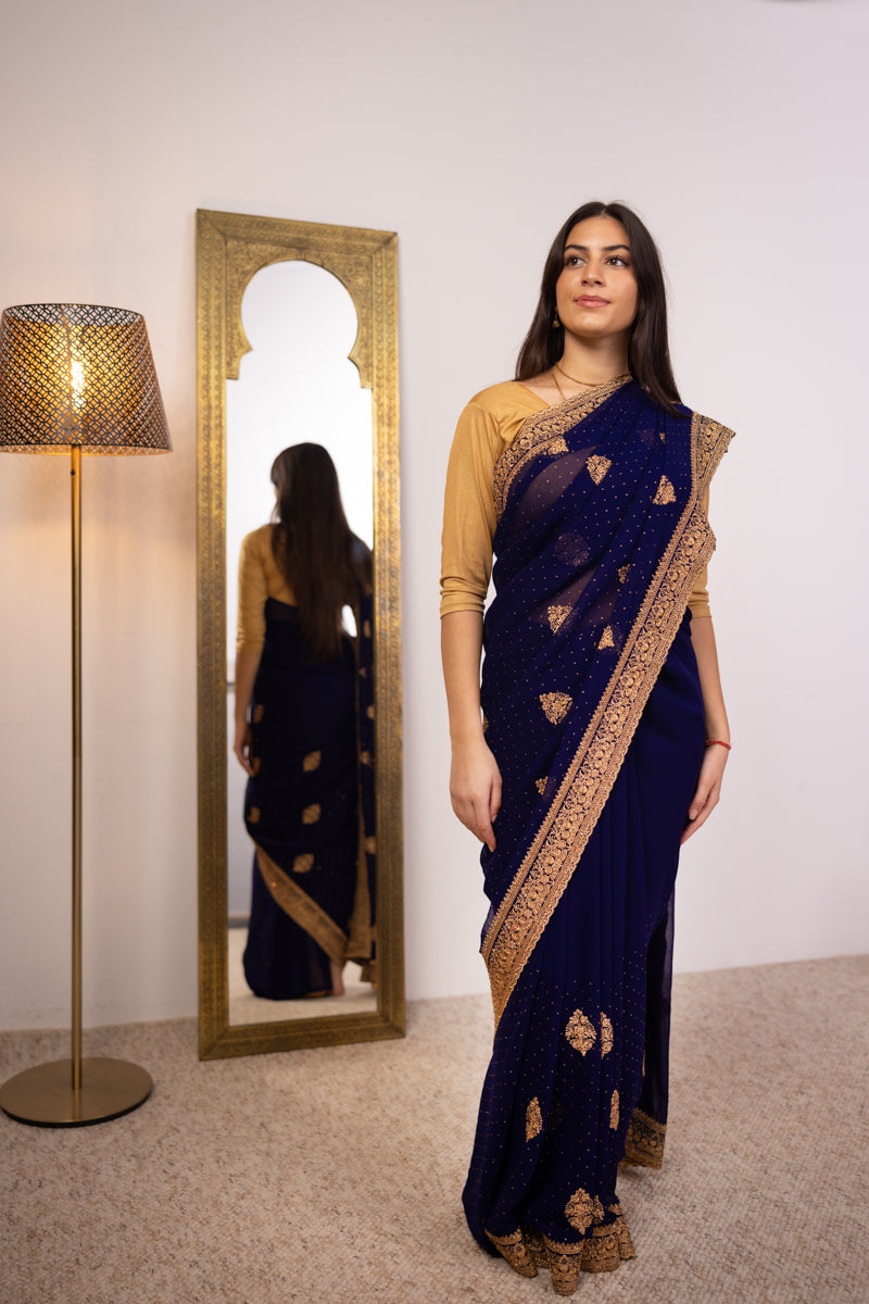 Navy Blue Embroidered Georgette Saree