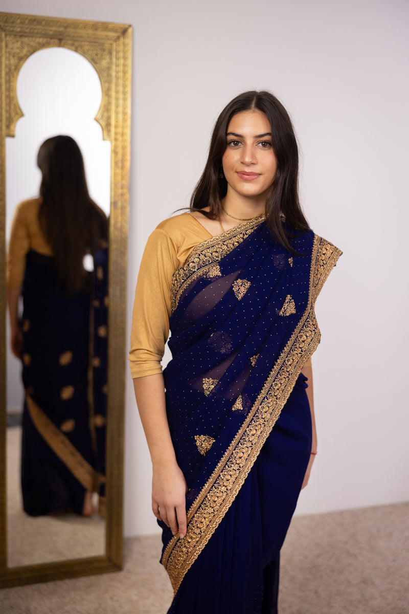 Navy Blue Embroidered Georgette Saree