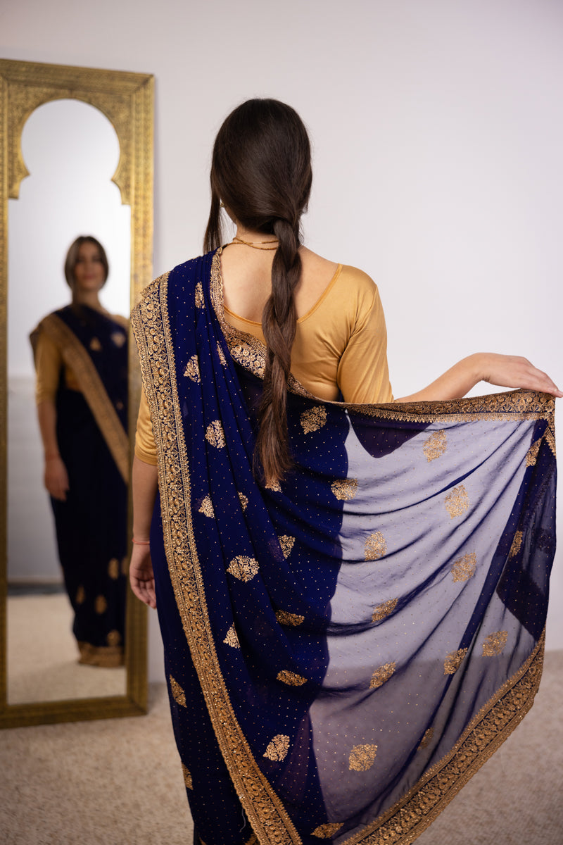 Navy Blue Embroidered Georgette Saree