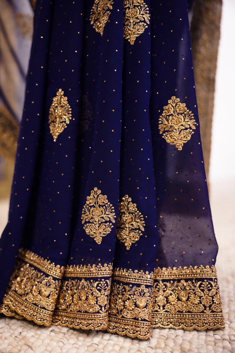 Navy Blue Embroidered Georgette Saree