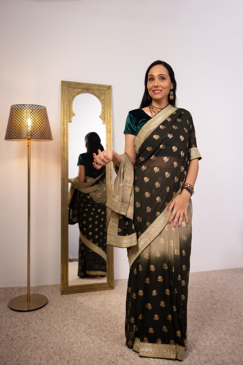 Saree in georgette verde muschio nebbioso