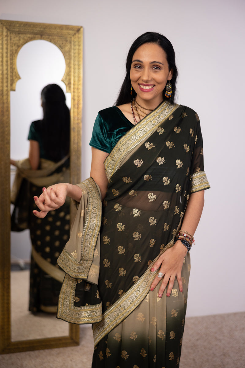 Saree in georgette verde muschio nebbioso