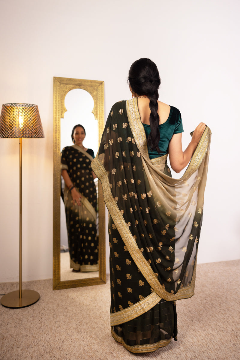 Saree in georgette verde muschio nebbioso