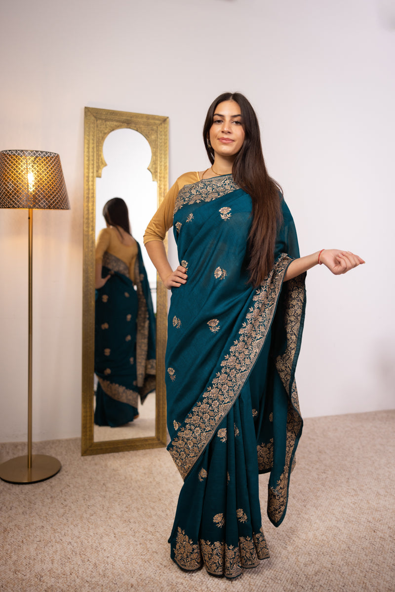 Deep Sea Green Chinon Silk Saree