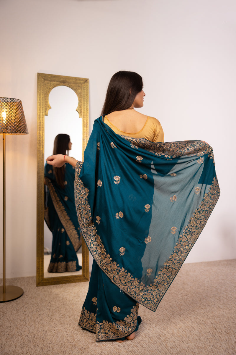 Saree in seta Chinon verde mare