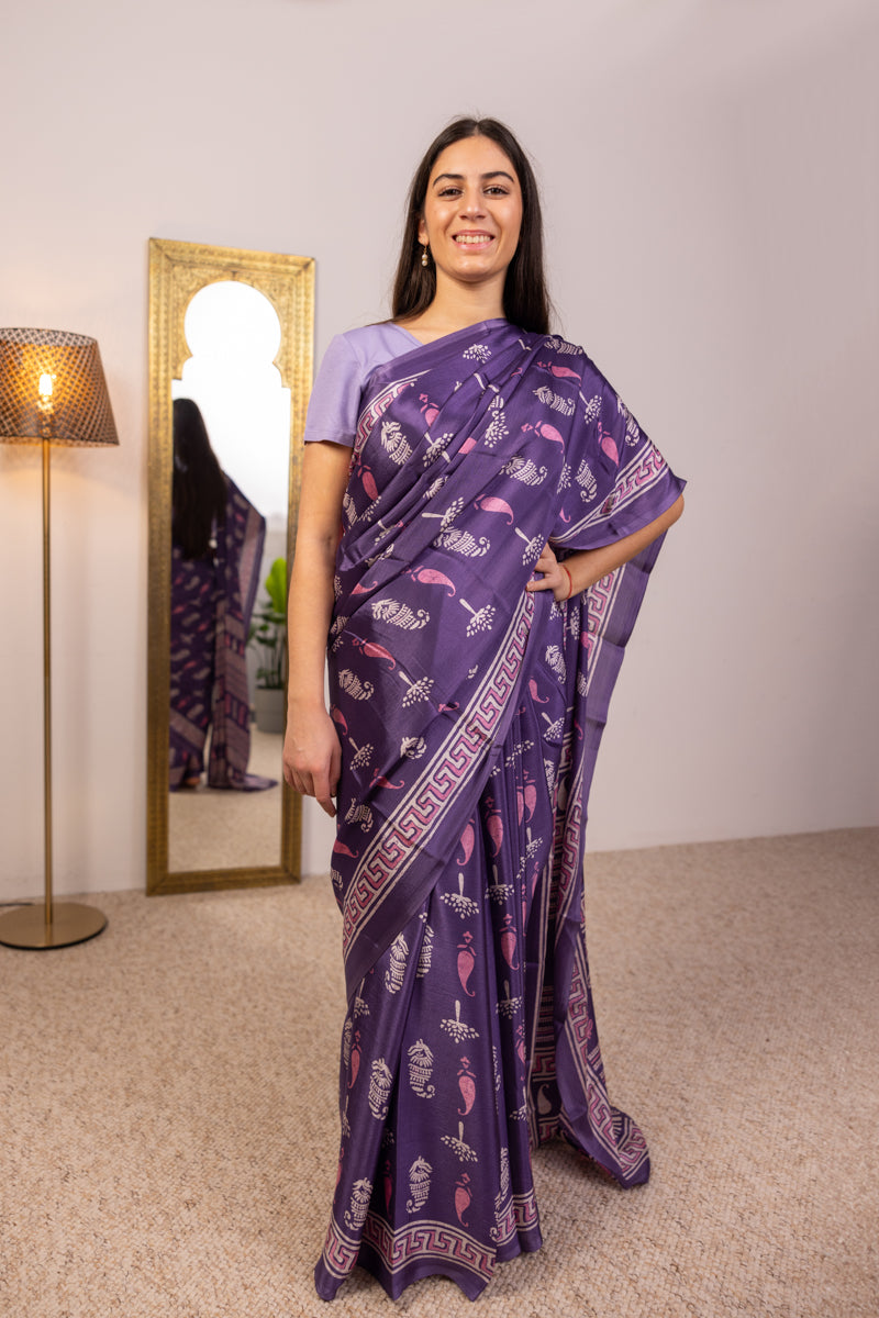 Vero sari in seta crepe di poliestere viola