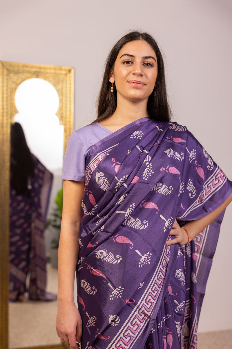 Vero sari in seta crepe di poliestere viola