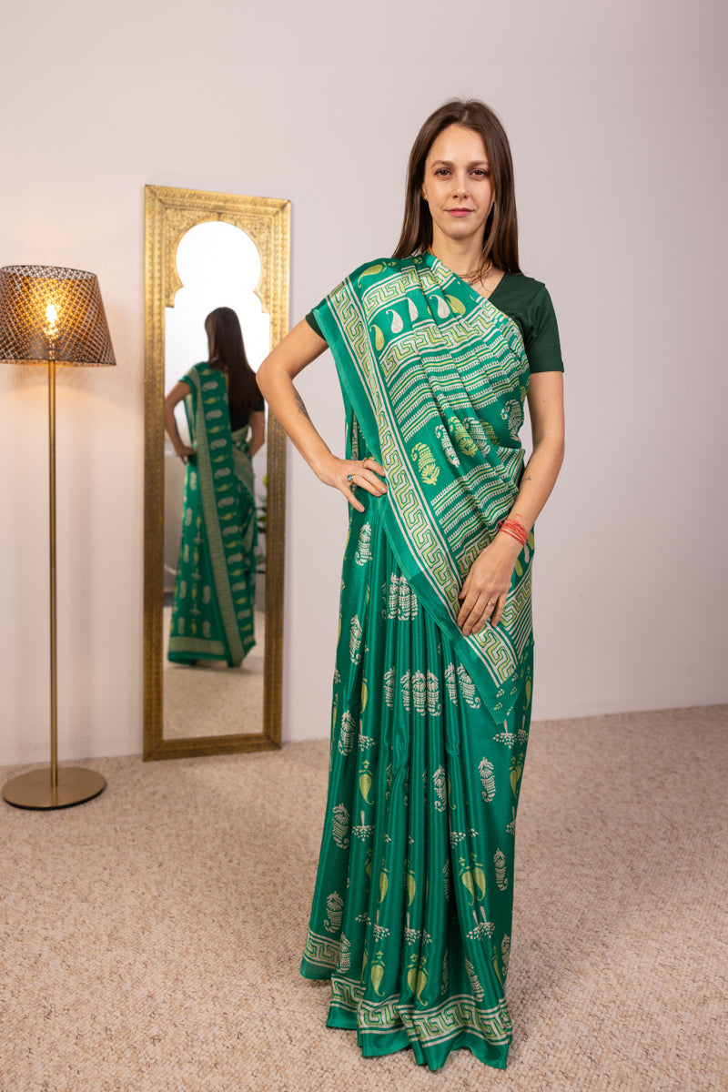 Kelly Green Poly Crepe Silk Saree