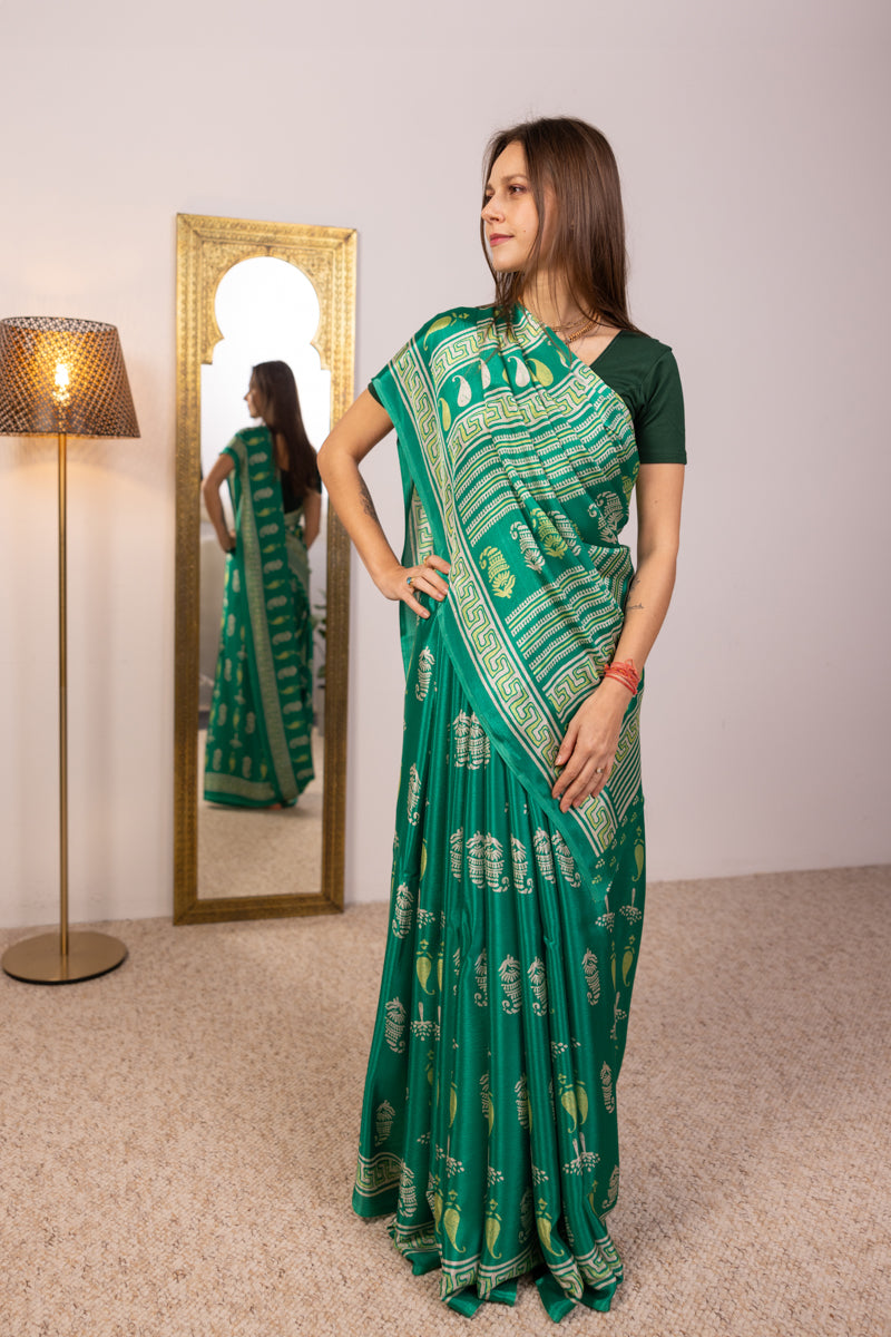 Saree in seta crepe di poliestere Kelly Green