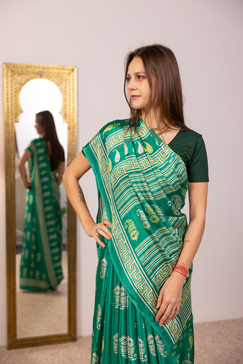 Kelly Green Poly Crepe Silk Saree