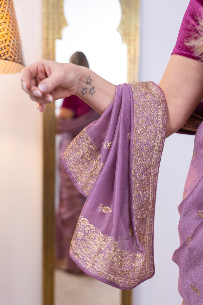 Lavender Chinon Silk Saree