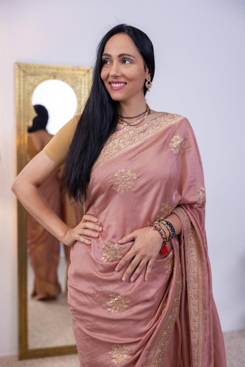 Rose Gold Chinon Silk Saree