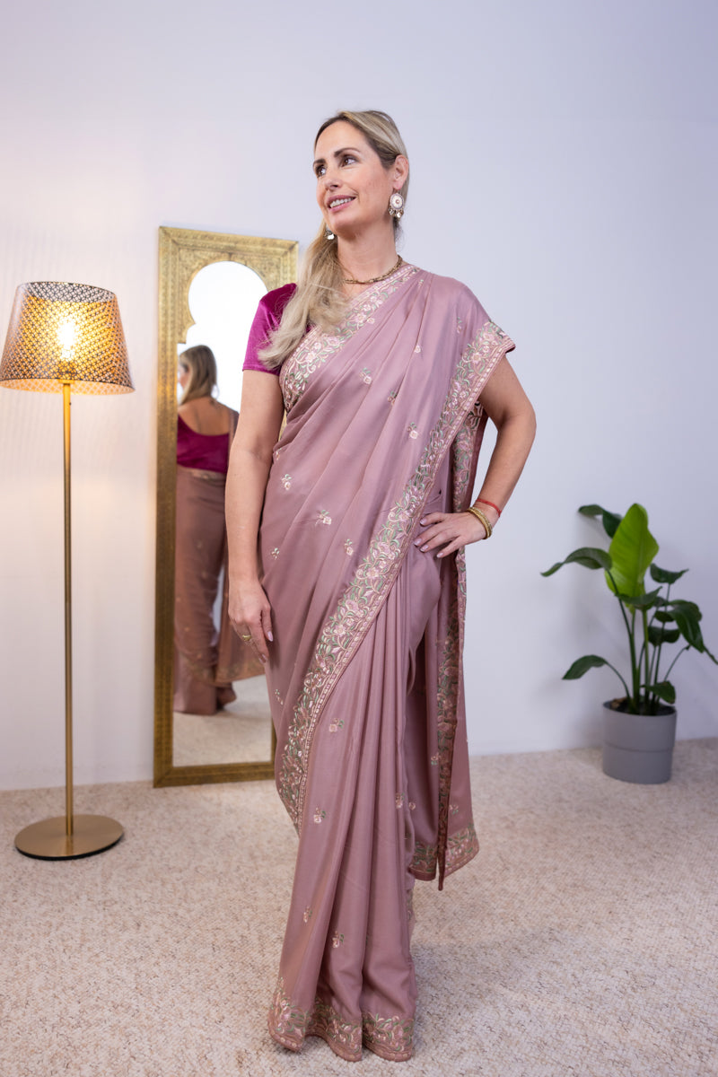 Light Rouge Embroidered Georgette Saree