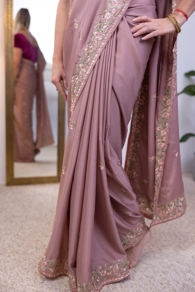 Light Rouge Embroidered Georgette Saree