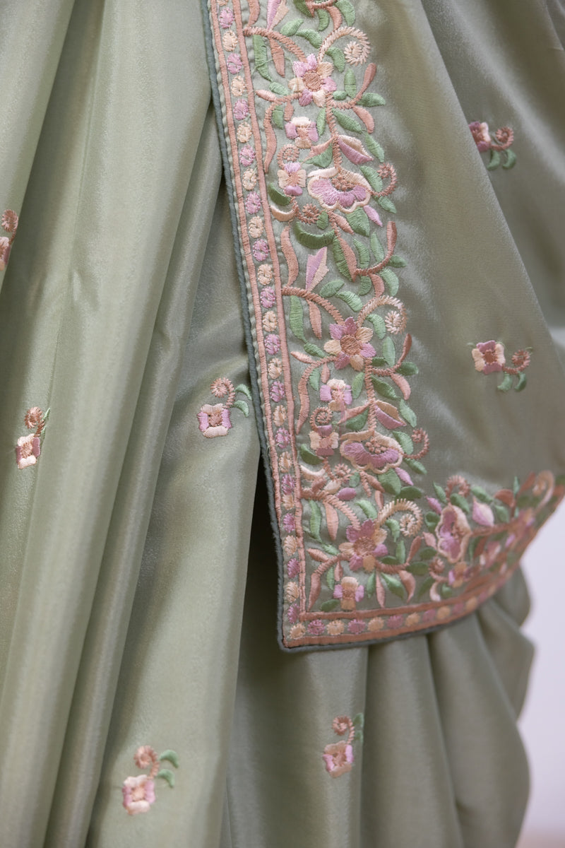 Dark Tea Green Embroidered Georgette Saree