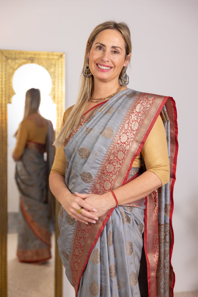 Saree in cotone grigio acciaio