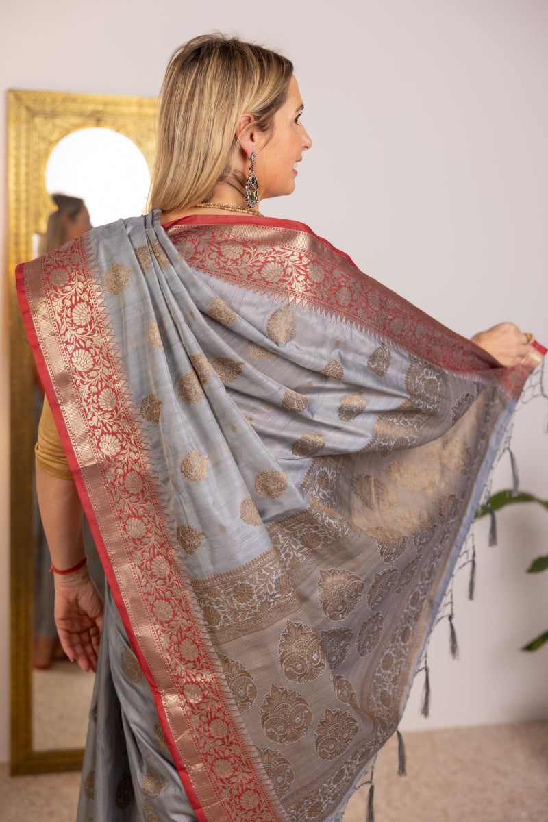 Saree in cotone grigio acciaio