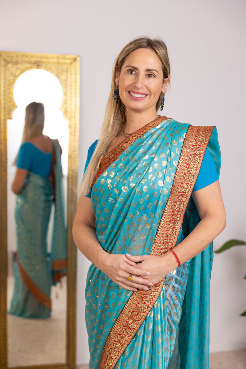 Turquoise Blue Gold Saree