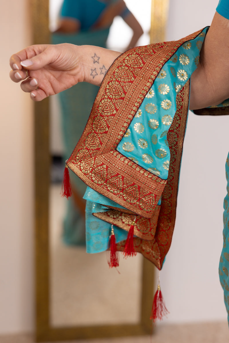 Turquoise Blue Gold Saree