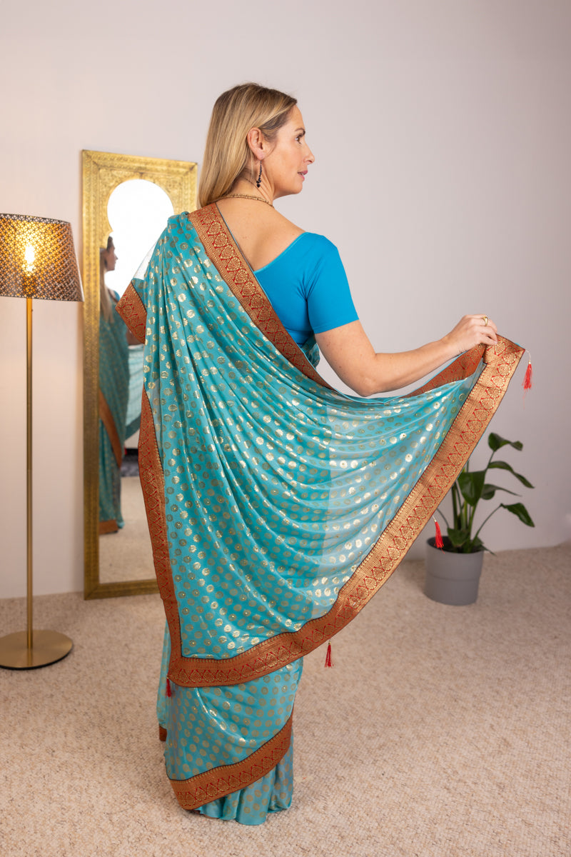 Turquoise Blue Gold Saree