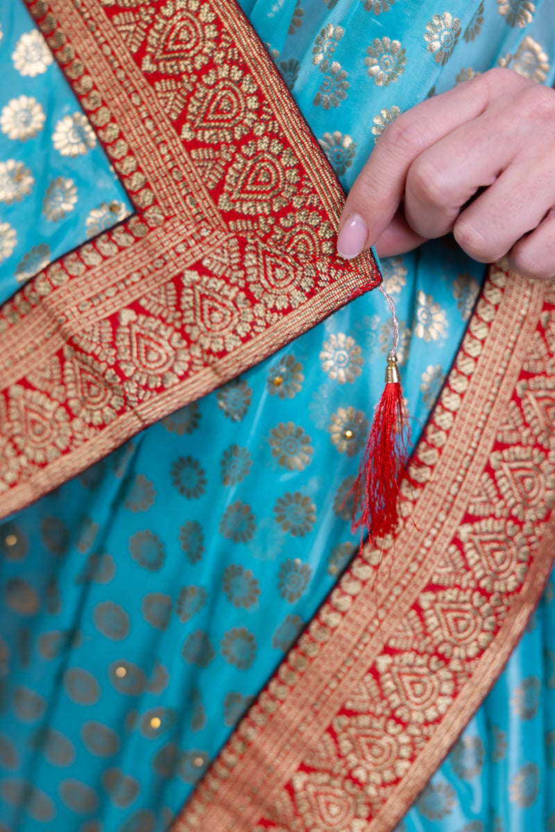 Turquoise Blue Gold Saree