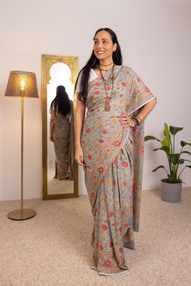 Saree in seta crepe di poly eco grigio