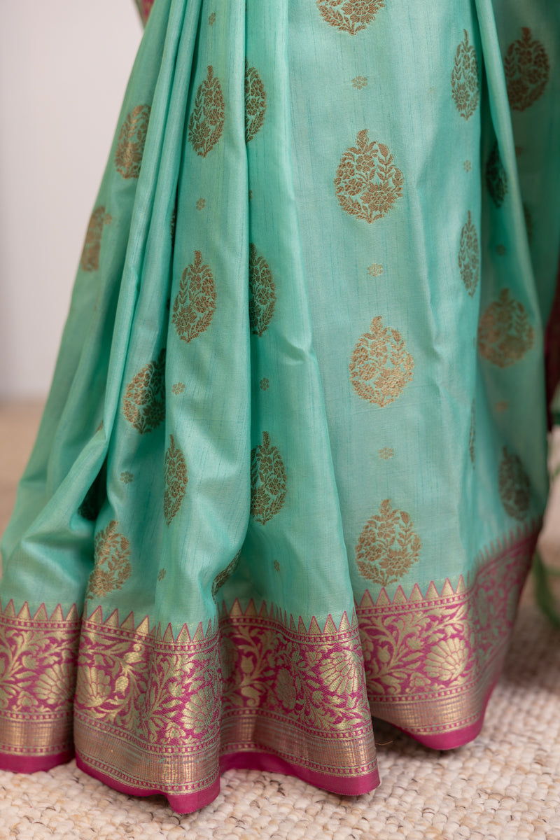 Saree in cotone verde mare