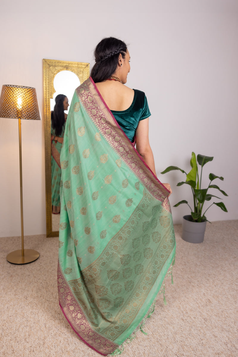 Saree in cotone verde mare