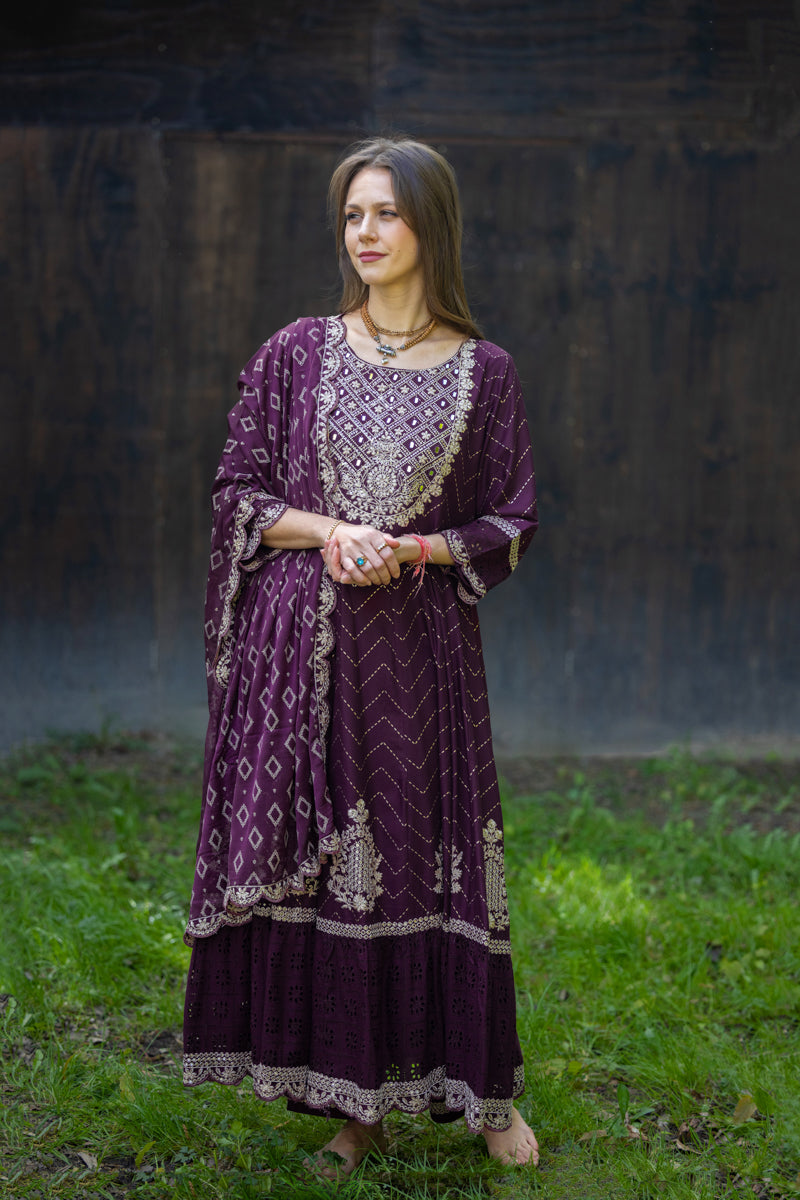 Abito Anarkali elegante/2249, 3 pezzi / Viola scuro