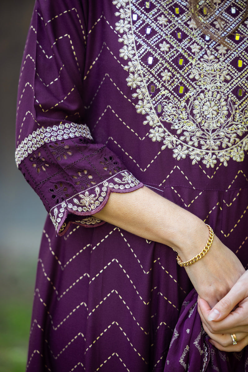 Abito Anarkali elegante/2249, 3 pezzi / Viola scuro