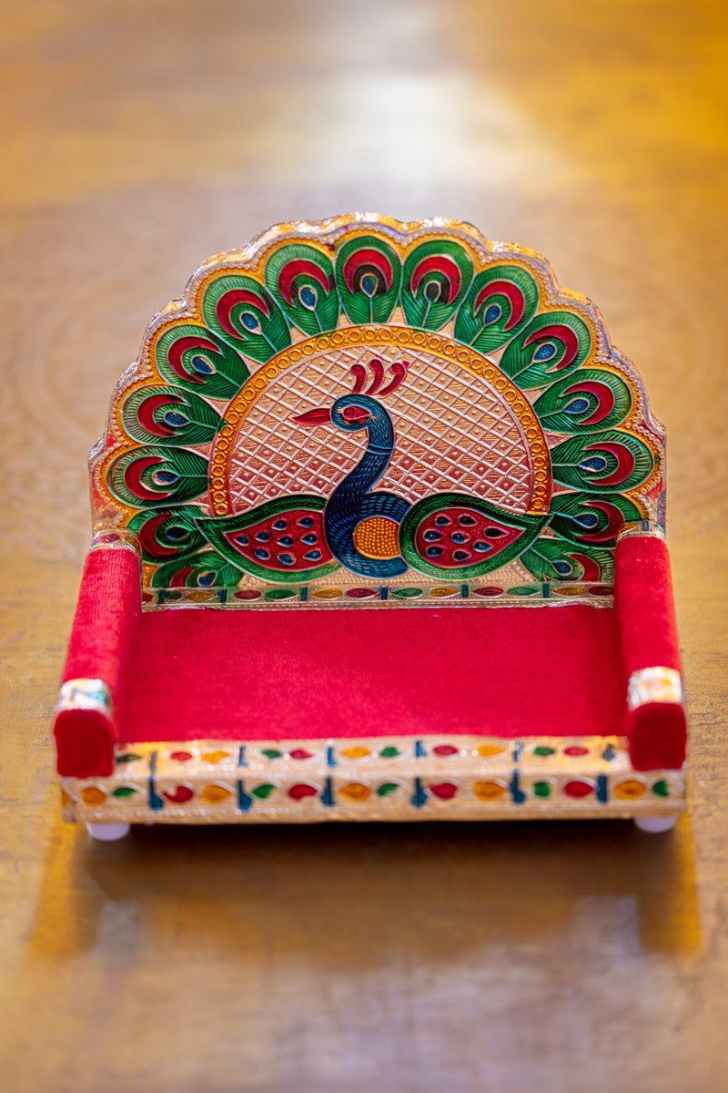 Deity Asan: Wooden Singhasan with peacock design