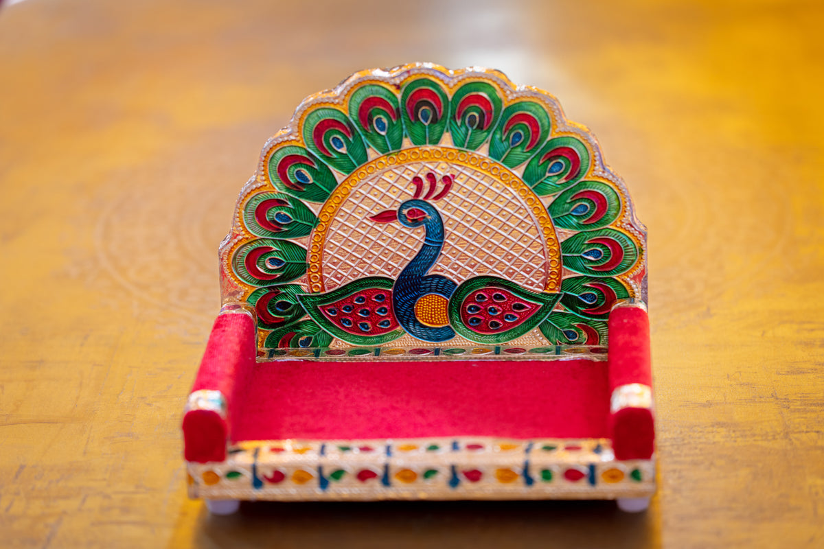 Deity Asan: Wooden Singhasan with peacock design