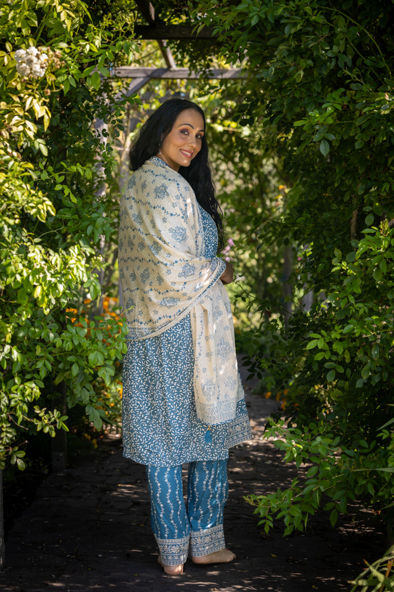 Steel Blue Embroidered Anarkali Kurti With Pants & Dupatta
