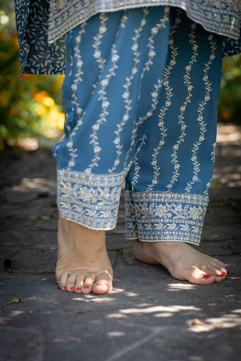 Steel Blue Embroidered Anarkali Kurti With Pants & Dupatta