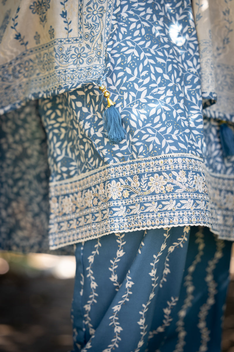 Steel Blue Embroidered Anarkali Kurti With Pants & Dupatta