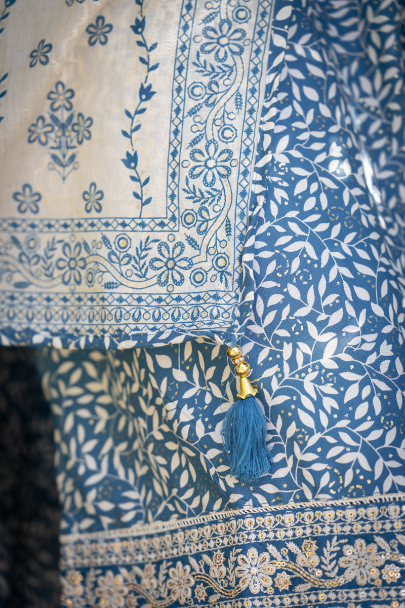 Steel Blue Embroidered Anarkali Kurti With Pants & Dupatta