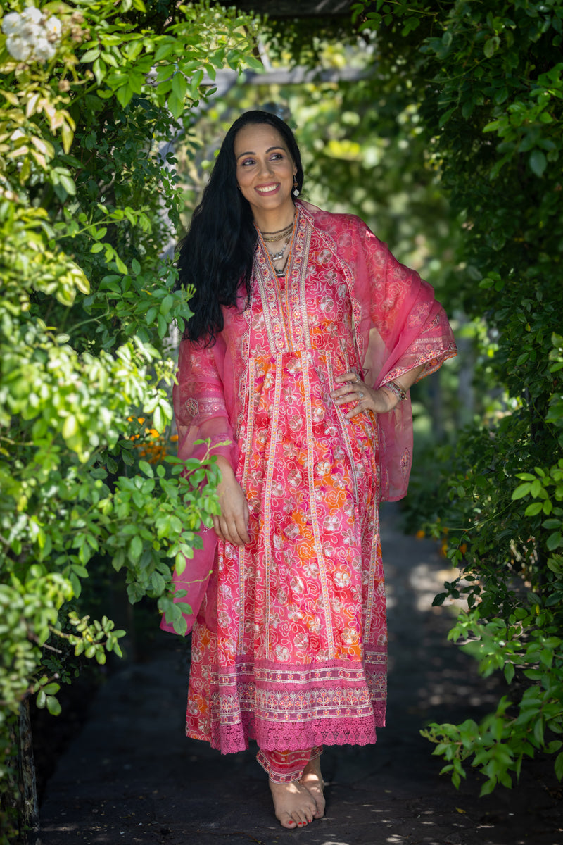 Peachy Pink Printed Anarkali With Pants & Dupatta