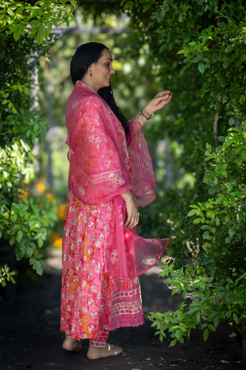 Peachy Pink Printed Anarkali With Pants & Dupatta