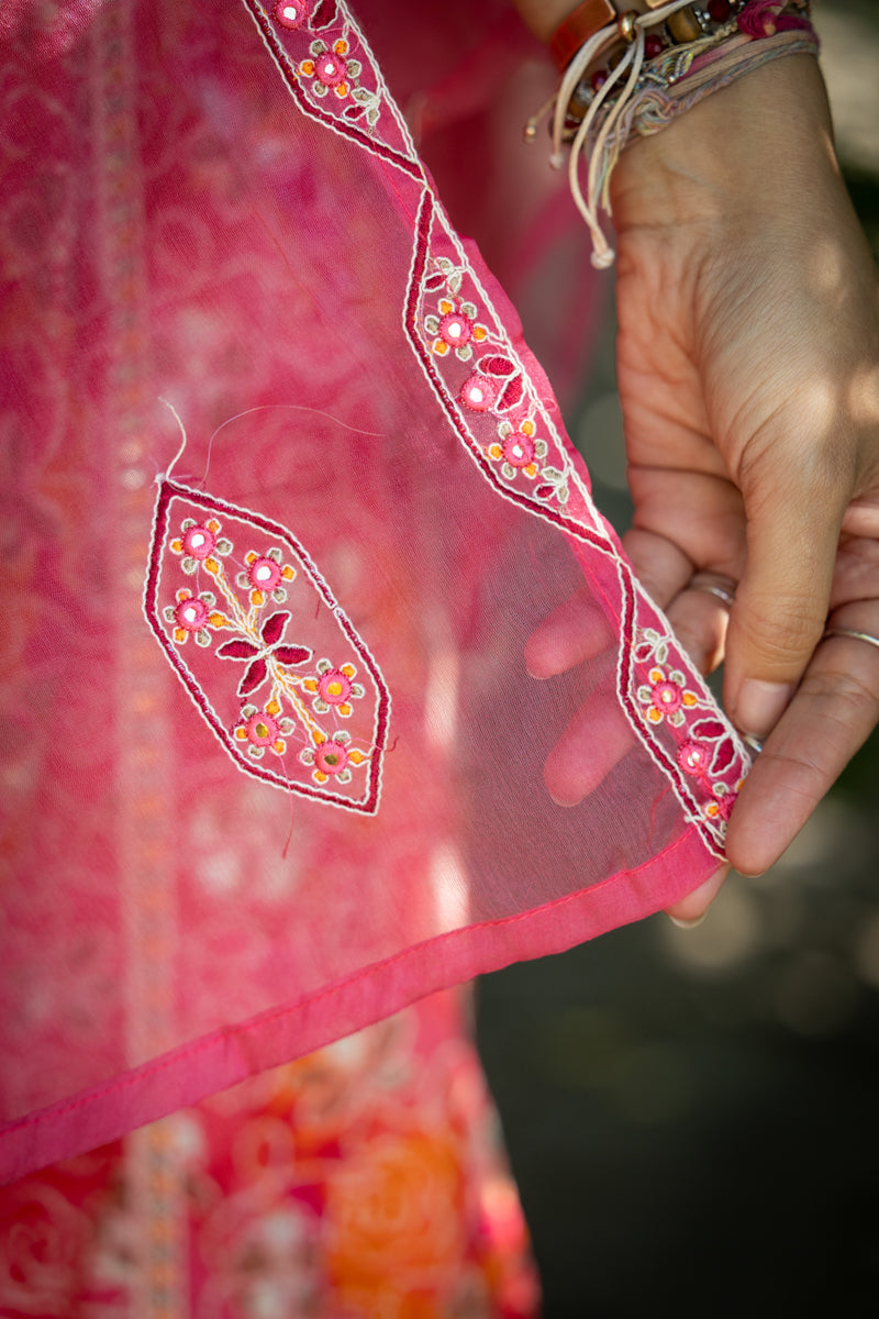 Peachy Pink Printed Anarkali With Pants & Dupatta