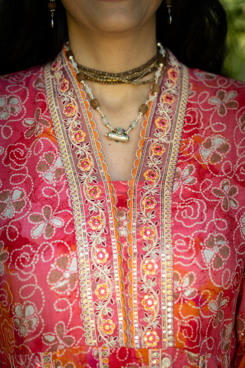 Peachy Pink Printed Anarkali With Pants & Dupatta