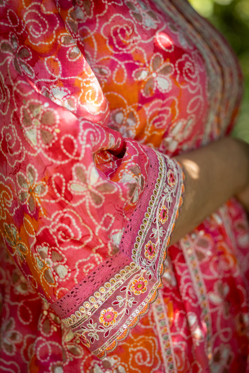 Peachy Pink Printed Anarkali With Pants & Dupatta