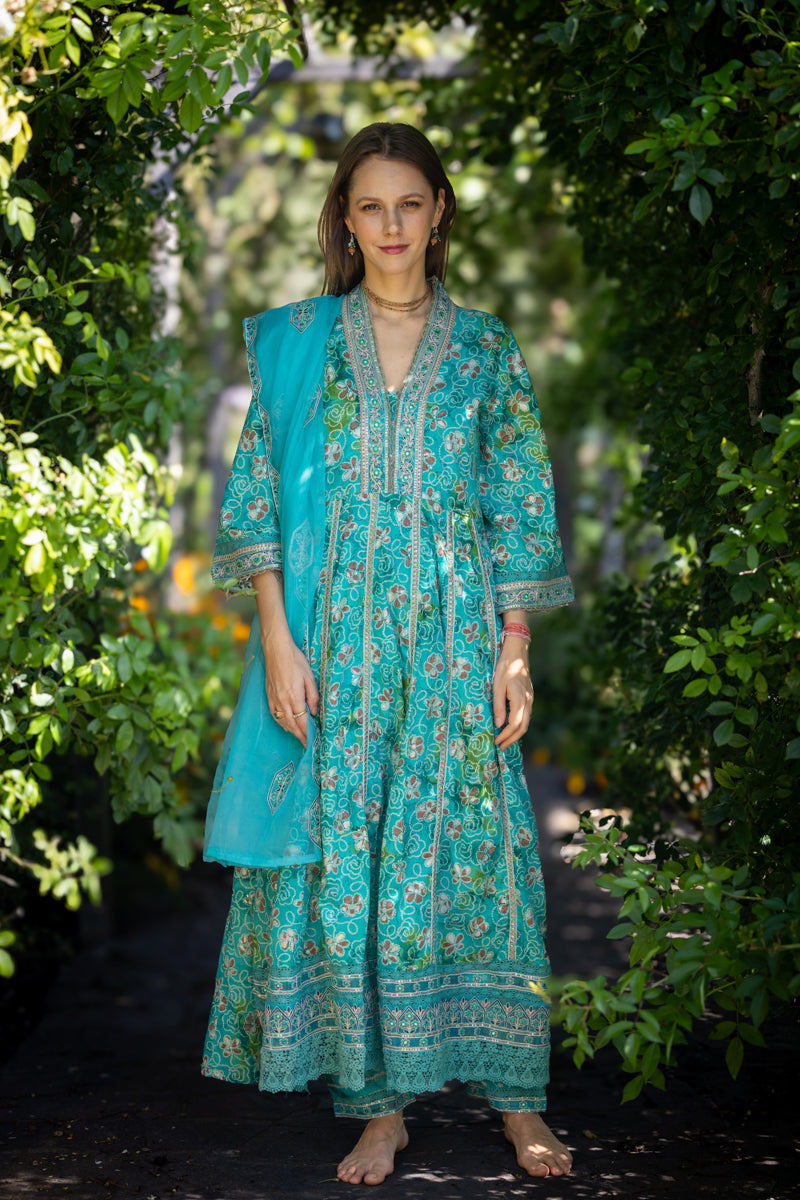 Turquoise Blue Printed Anarkali With Pants & Dupatta