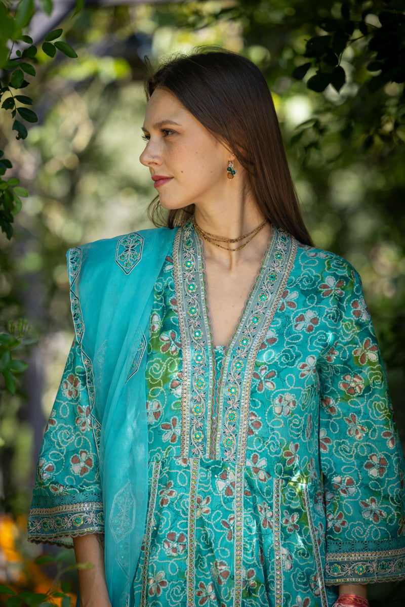 Turquoise Blue Printed Anarkali With Pants & Dupatta