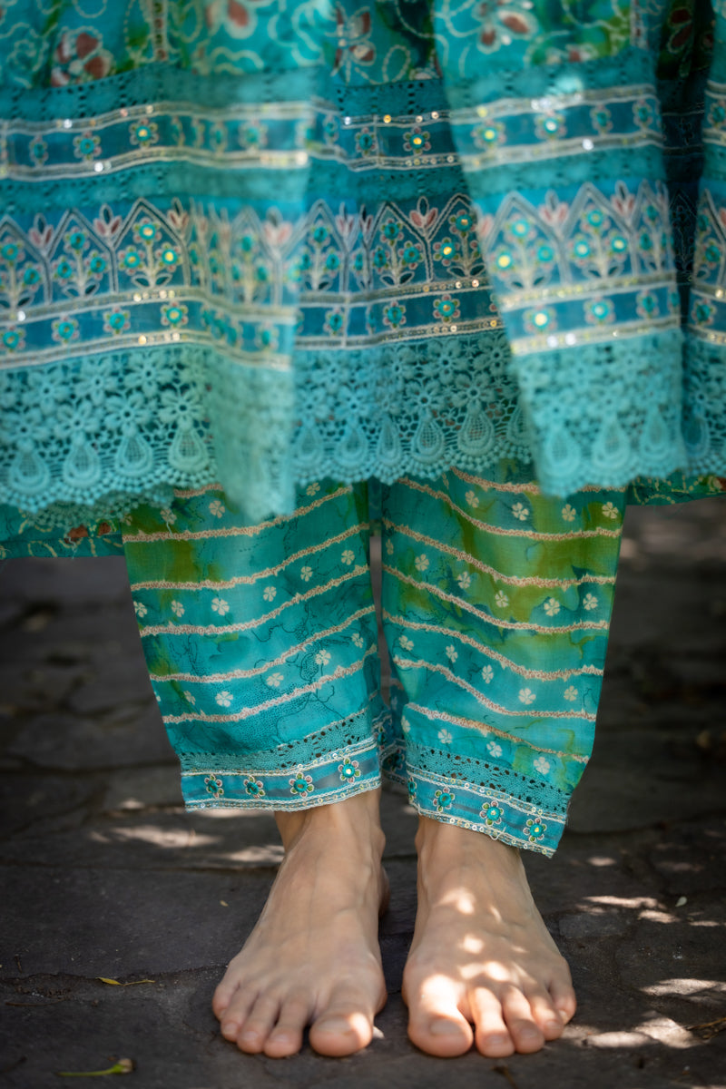 Turquoise Blue Printed Anarkali With Pants & Dupatta