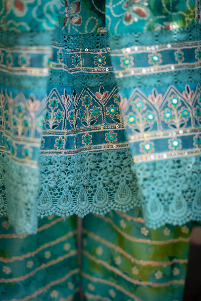 Turquoise Blue Printed Anarkali With Pants & Dupatta