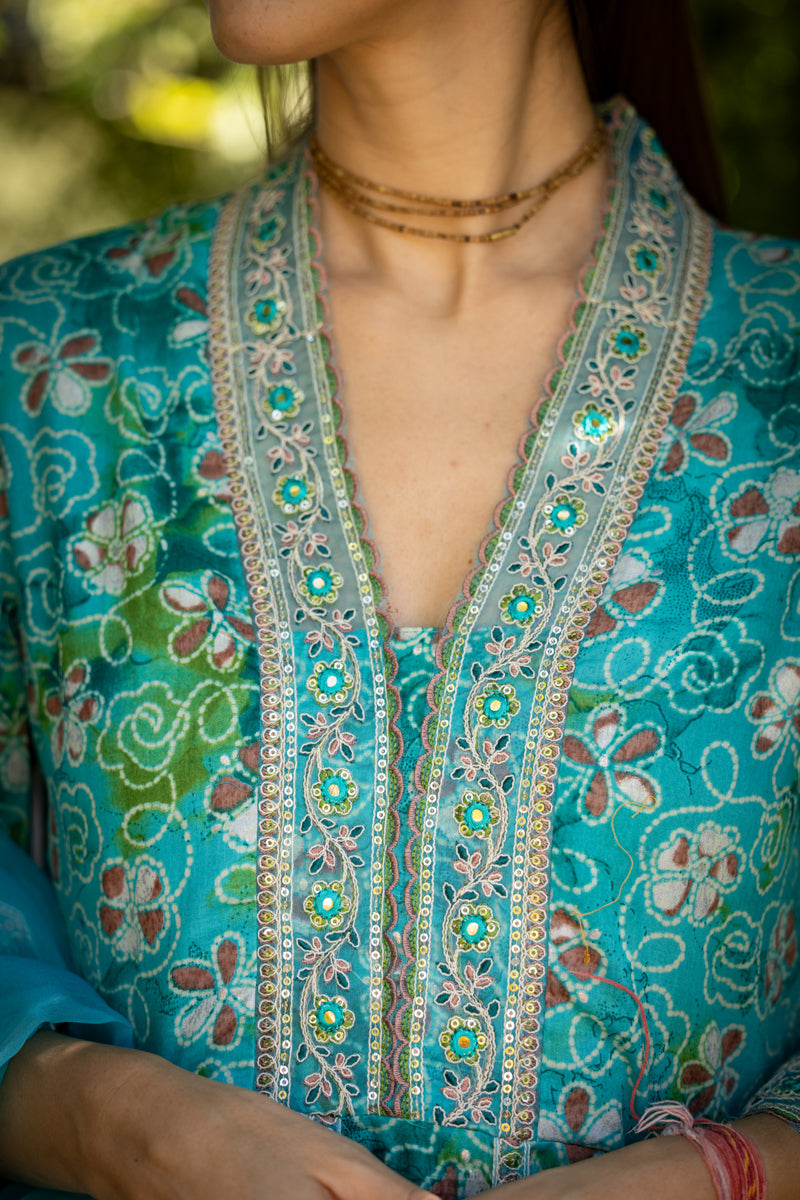 Turquoise Blue Printed Anarkali With Pants & Dupatta